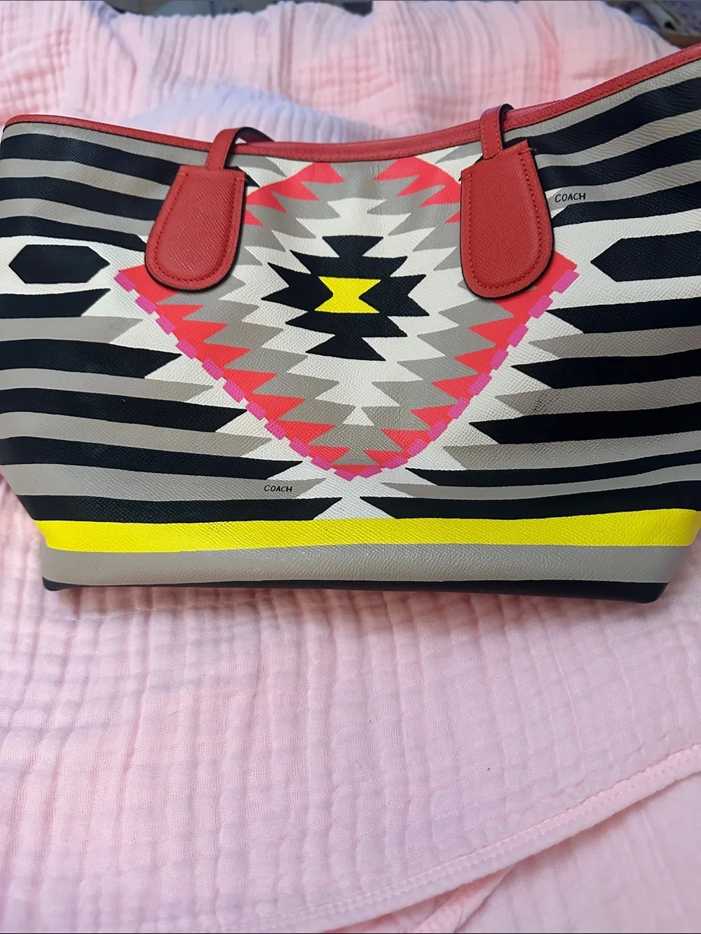 Coach Coachella Black & White Aztec Stripe Tote with Pink and Yellow Accents